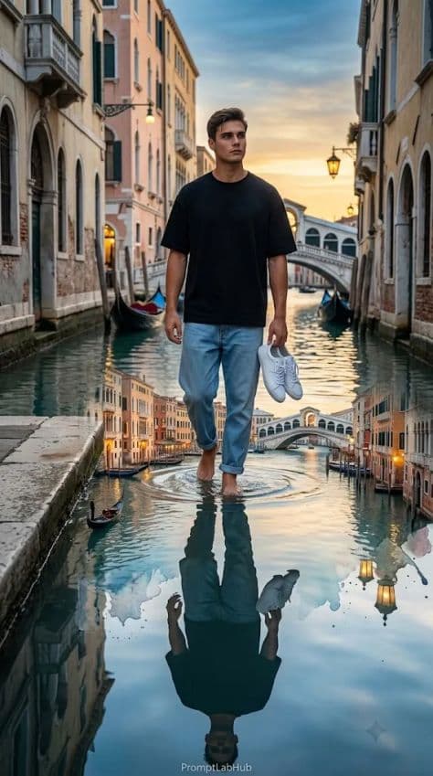 A stylish man standing on a stone landing surrounded by water and historical buildings along a Venice canal.