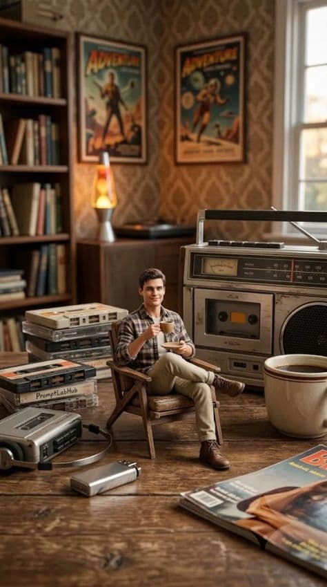 A tiny finger-sized man sitting in a small chair beside a giant vintage vinyl turntable and records.