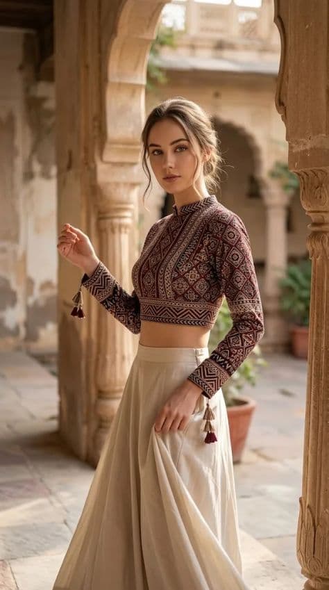 An elegantly dressed woman standing beside an intricately carved sandstone arch in a palace courtyard.