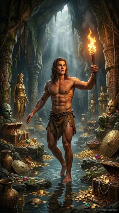 A rugged explorer holding a torch while gazing at heaps of golden treasure inside a dark stone cave.