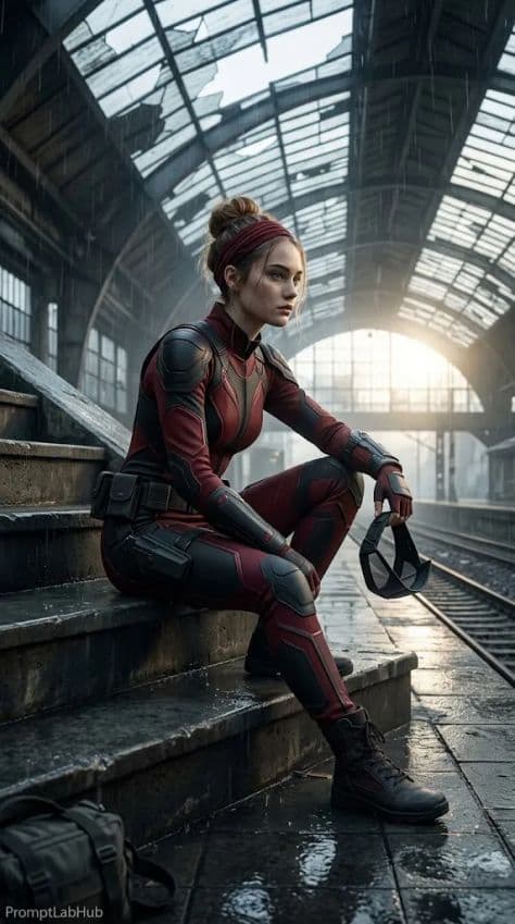 A character in red and black futuristic tactical gear standing inside a massive industrial elevator shaft.