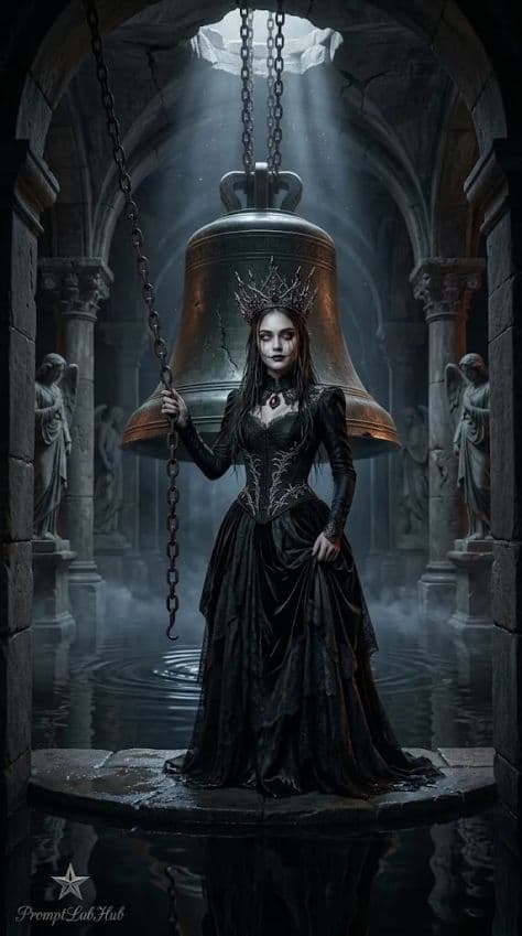 A supernatural gothic queen in a black gown standing on a stone ledge in a flooded crypt beneath a giant bronze bell.