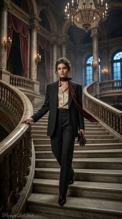 A woman in a tailored charcoal pinstripe suit descending an ornate marble staircase in an opera house.