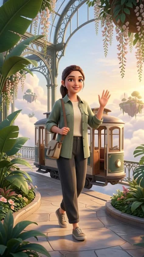 A cheerful 3D animated character stepping off an antique sky tram onto a floating tropical garden terrace.