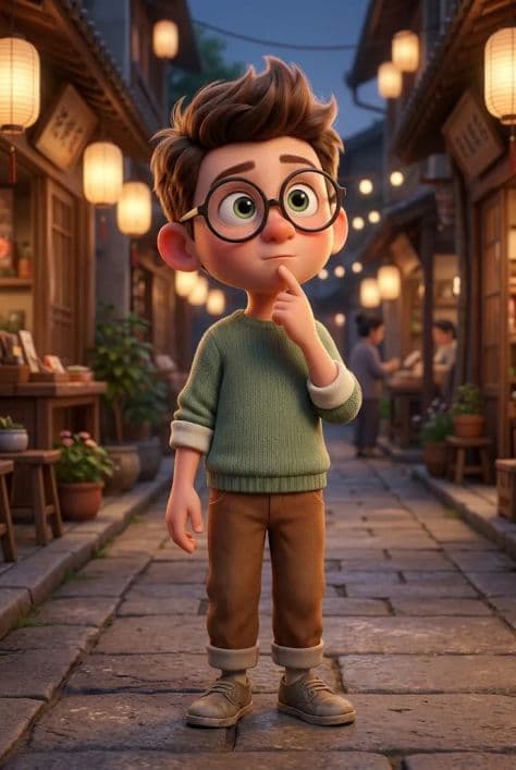 A charming 3D animated young boy wearing round glasses looking in wonder at glowing paper lanterns in a night market.