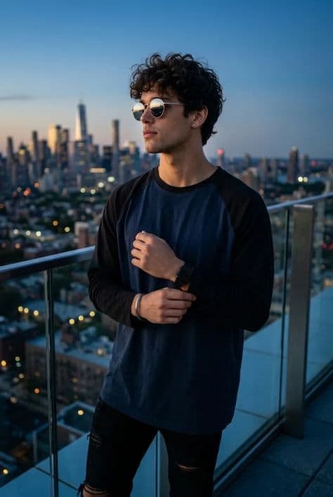 A stylish young man in modern streetwear leaning near a glass rooftop railing overlooking city skyscrapers at dusk.