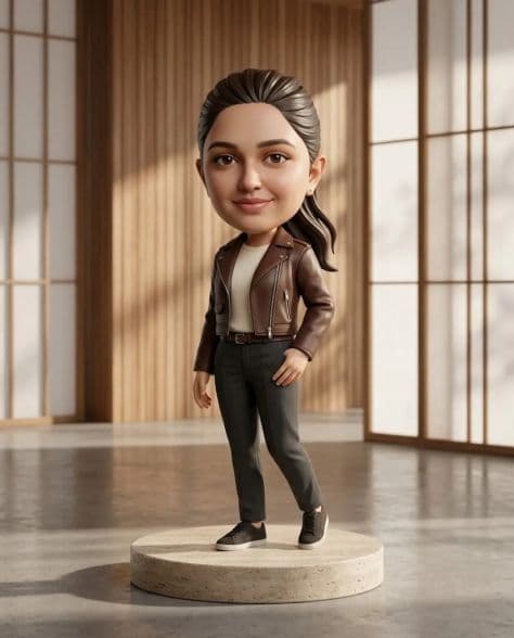 A stylized designer collectible figurine wearing a miniature leather jacket standing on a gallery pedestal.