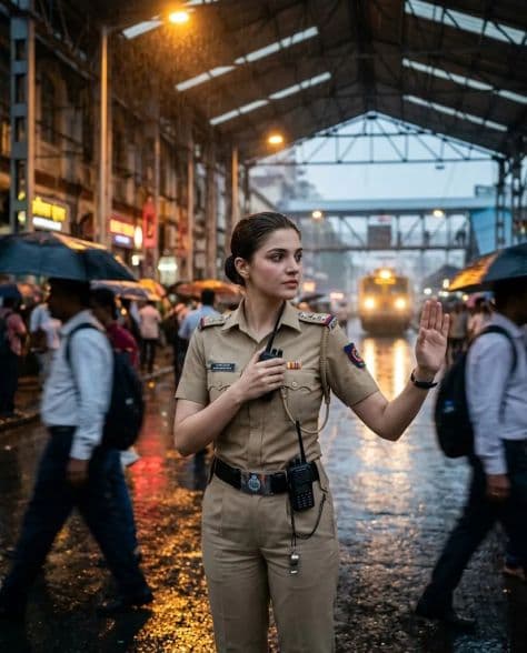 A female transit police officer in uniform guiding passengers under the arched glass canopy of a rainy station.