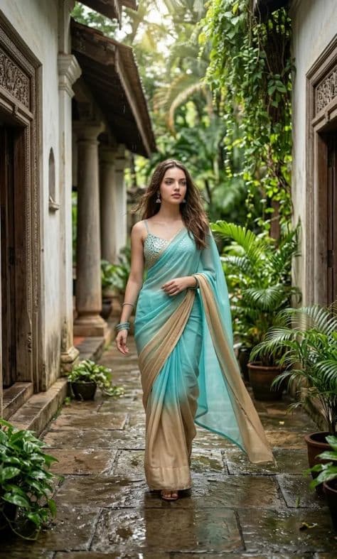 A woman in flowing lightweight linen walking across rain-drenched paving stones in a lush tropical courtyard.