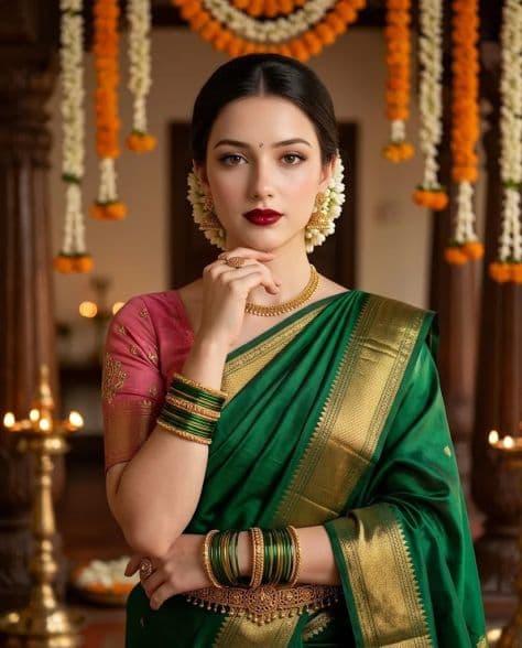 A woman in festive Indian attire with jasmine flowers in her hair smiling near glowing brass oil lamps.