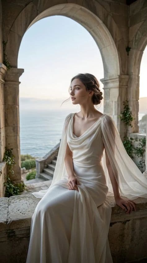 A woman in a flowing ivory silk cape gown sitting on a stone window arch overlooking an early morning sea.
