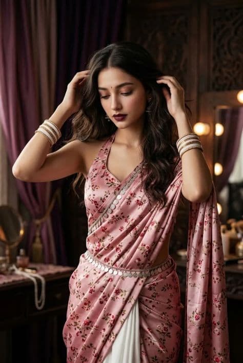 A graceful woman styled in a pink satin halter saree sitting beside a warm illuminated dressing vanity.