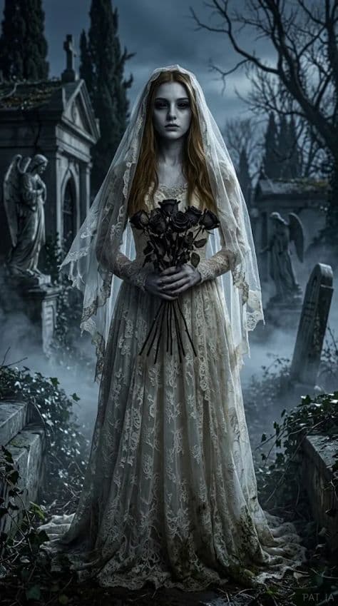 A spectral bride draped in tattered antique veils standing by an ivy-clad cemetery stone vault.