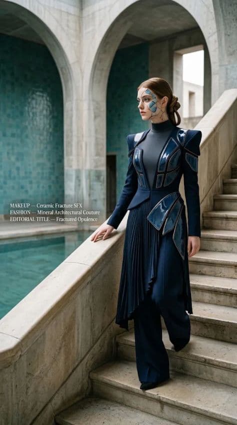 A fashion model wearing a sculptural dress adorned with cracked porcelain patterns and gold seam details.