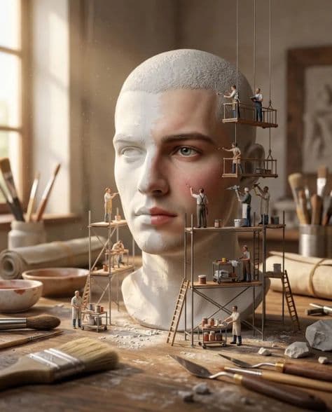 A detailed artisan restoration workbench featuring a partially transformed classical portrait bust.