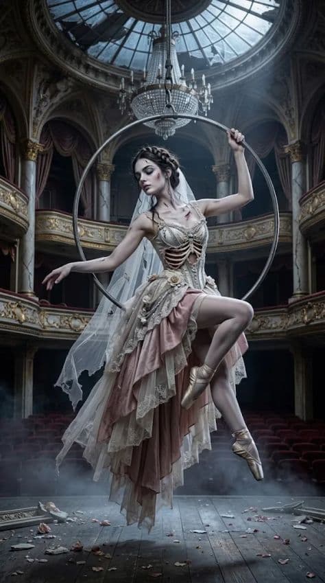 An ethereal ghostly bride hovering in dance inside a dusty crumbling nineteenth-century opera hall.