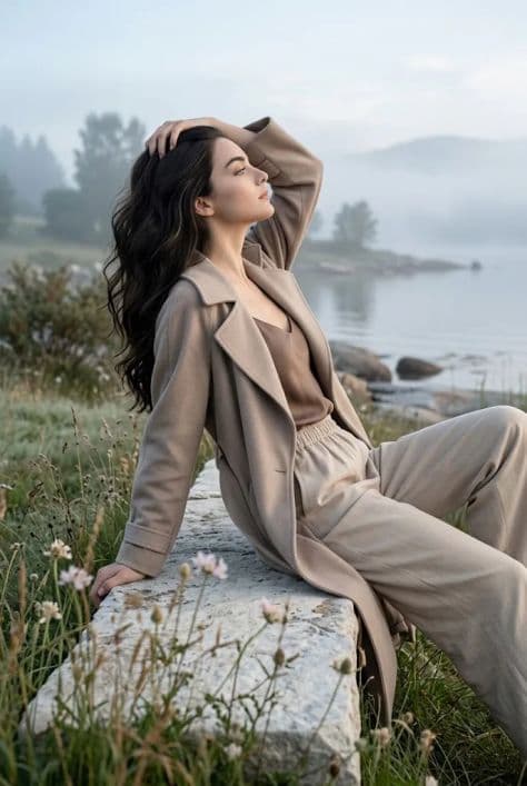A model in heavy natural wool standing against a misty Scandinavian coastline in early morning.