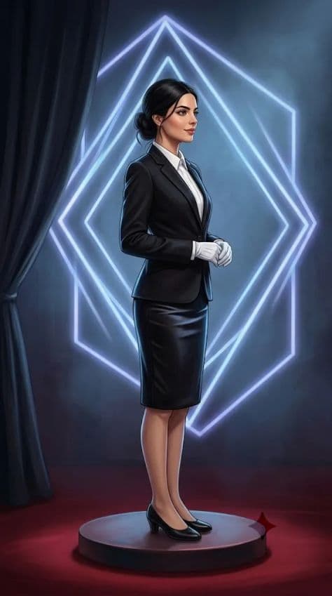 An elegant female performer standing on a lit circular theater stage in a dimly lit auditorium.