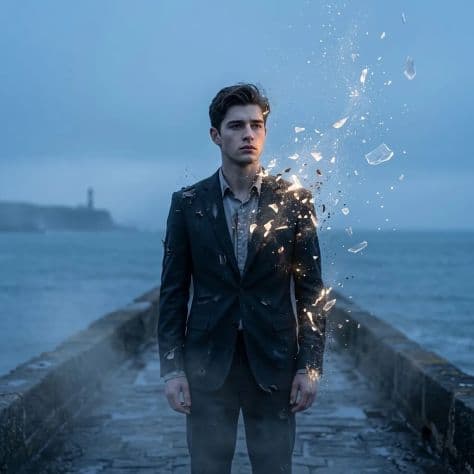 A solitary man standing on a stone sea causeway surrounded by swirling mist and twilight ocean waves.