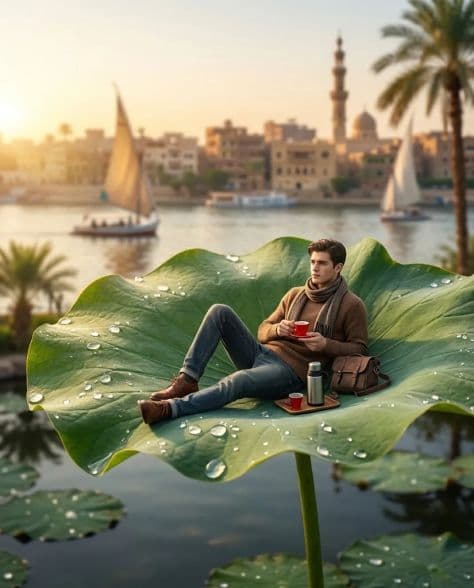 A miniature figure resting on a broad green lotus leaf with glittering morning water droplets.