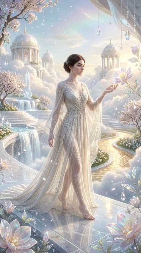 A mystical celestial feminine figure in pearlescent silk seated on floating white marble terraces.