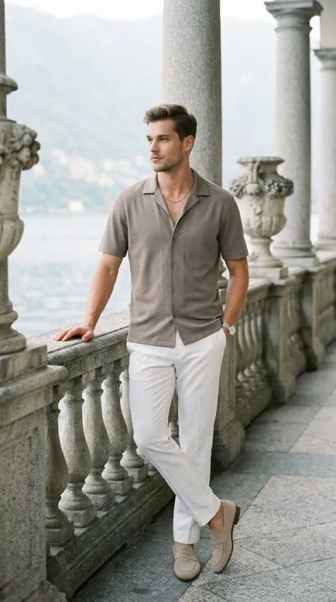 A man in a taupe shirt and white trousers stands by a stone balustrade overlooking a calm lake