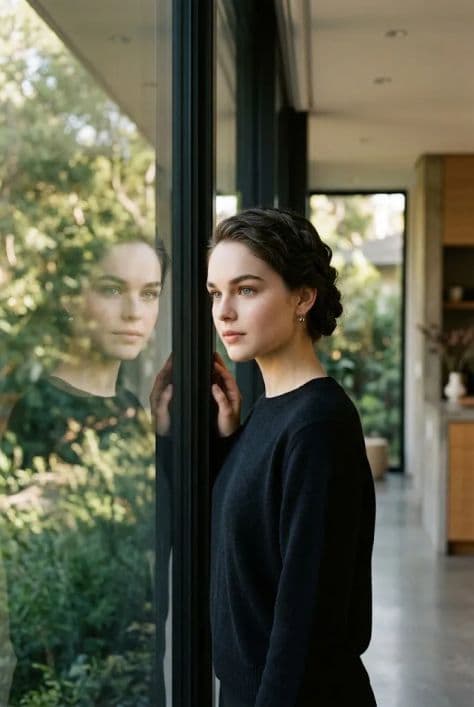 Woman in half-profile standing by a floor-to-ceiling glass window with garden greenery reflected on the glass