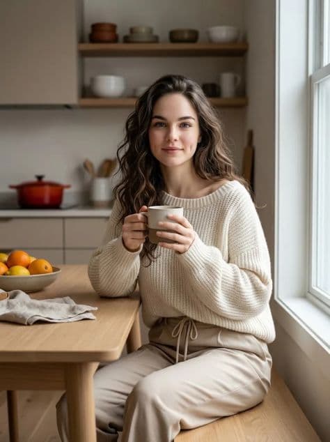 A smiling woman in an off-white chunky knit sweater holding a ceramic coffee mug at a wooden breakfast table