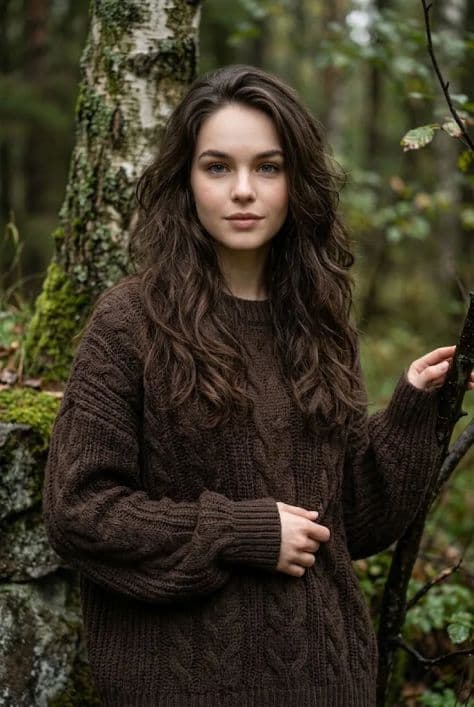 Outdoor portrait of a woman in a dark brown cable-knit sweater standing in a quiet forest after light rain