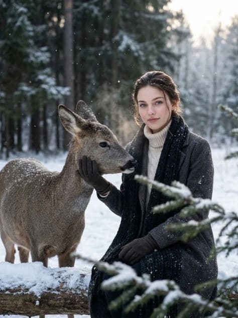 A woman in a cream cable-knit sweater sits on a snowy log gently touching a calm deer in a winter forest
