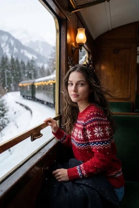 Woman in a red Fair Isle sweater seated by an open window in a vintage train overlooking snowy alpine mountains