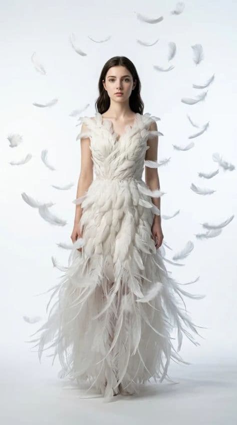 Model in an intricate white feather gown standing inside a frozen vortex of swirling white feathers