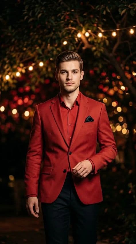 Man in a tailored crimson red suit standing in front of glowing golden night string light bokeh