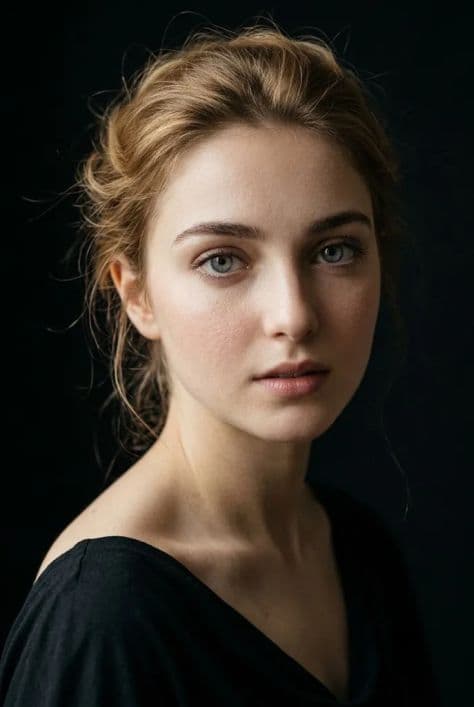 Close-up portrait of a woman with honey-blonde hair and one bare shoulder emerging from dark shadows