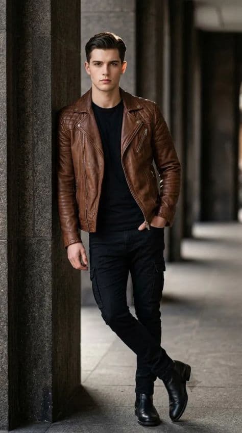 Young man in a quilted brown leather biker jacket leaning against a modern dark stone wall