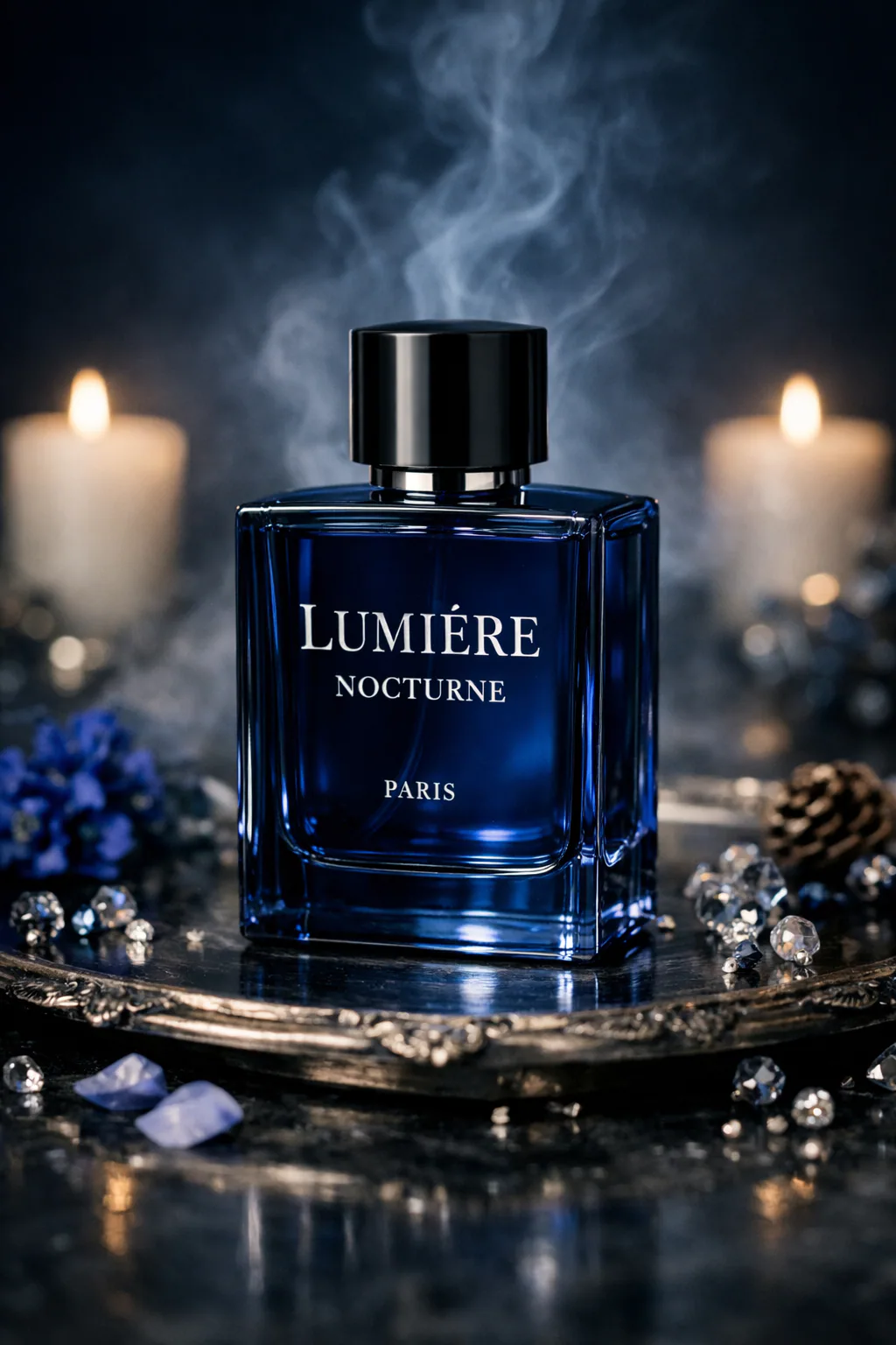 Ultra-realistic luxury perfume bottle in sapphire-blue glass on an antique silver tray with blue smoke, candles, flowers, and cinematic editorial lighting.