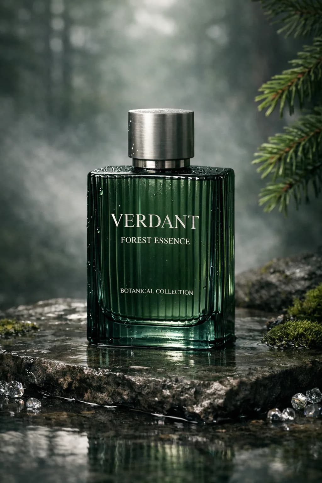 Ultra-realistic emerald-green perfume bottle on a wet stone surface surrounded by misty forest elements, moss-covered rocks, and premium editorial lighting.