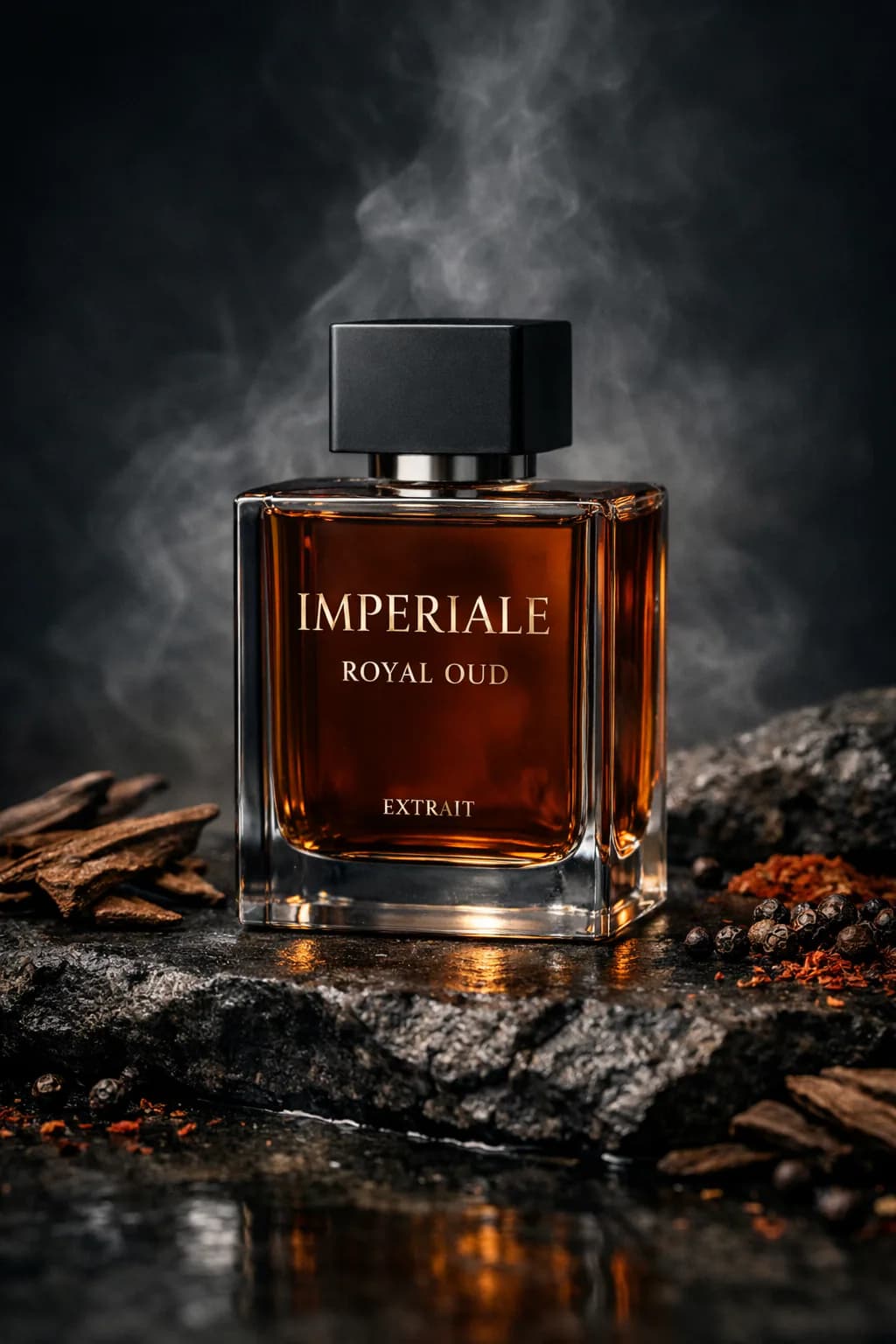 Ultra-realistic amber oud perfume bottle on black volcanic stone surrounded by oud wood, saffron, peppercorns, and cinematic luxury lighting.