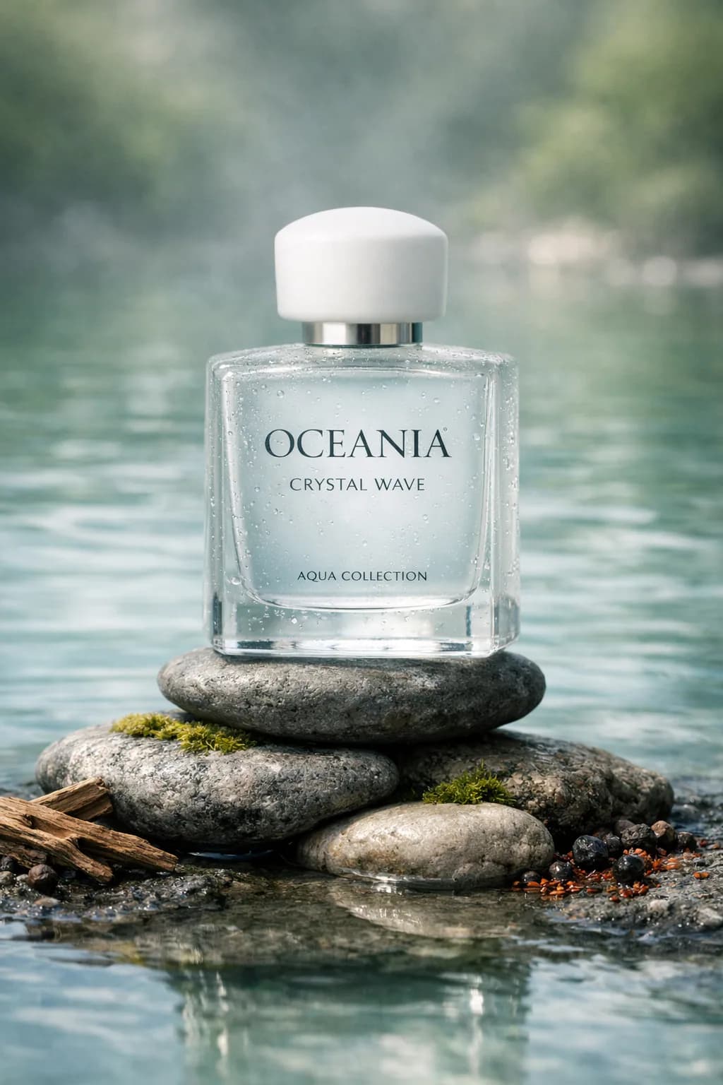 Ultra-realistic frosted glass aquatic perfume bottle balanced on river stones beside turquoise water with spa-inspired luxury lighting and natural reflections.