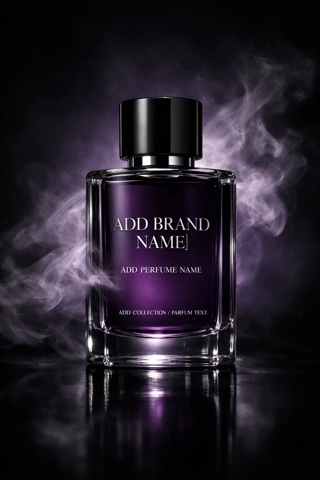 Ultra-realistic dark violet perfume bottle with luxury serif typography, dramatic purple and white smoke, reflective black surface, and cinematic editorial lighting.