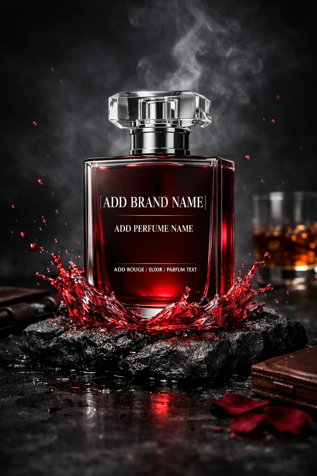 Ultra-realistic ruby-red perfume bottle on black volcanic stone with crystal cap, frozen liquid splash, soft smoke, and cinematic luxury fragrance lighting.