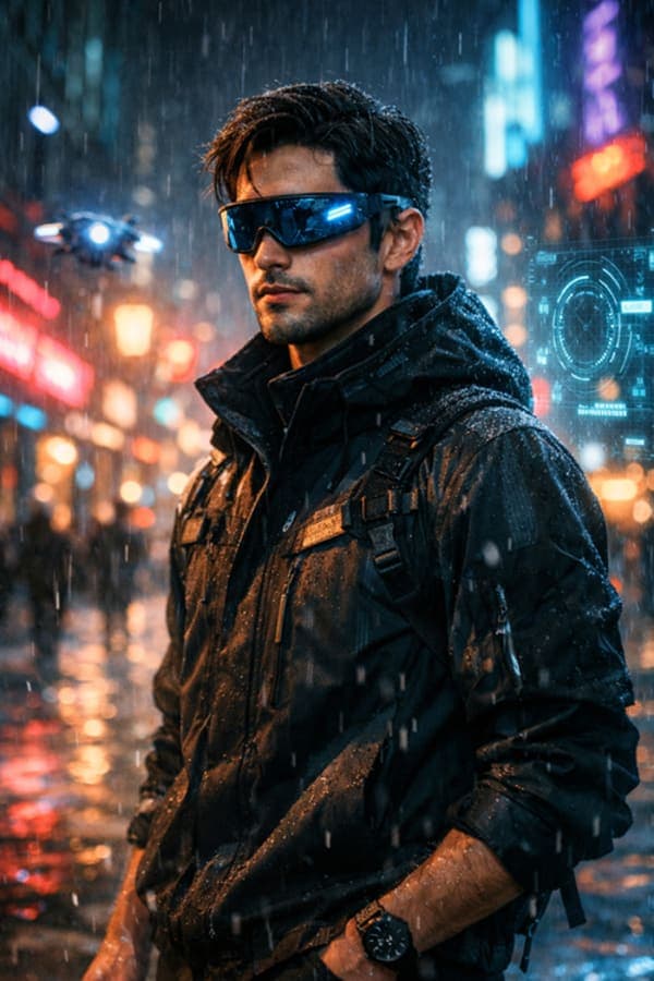 Futuristic man in a cyberpunk city at night with neon lights reflecting on his face, wearing a black techwear jacket in the rain with holographic elements and cinematic sci-fi detail