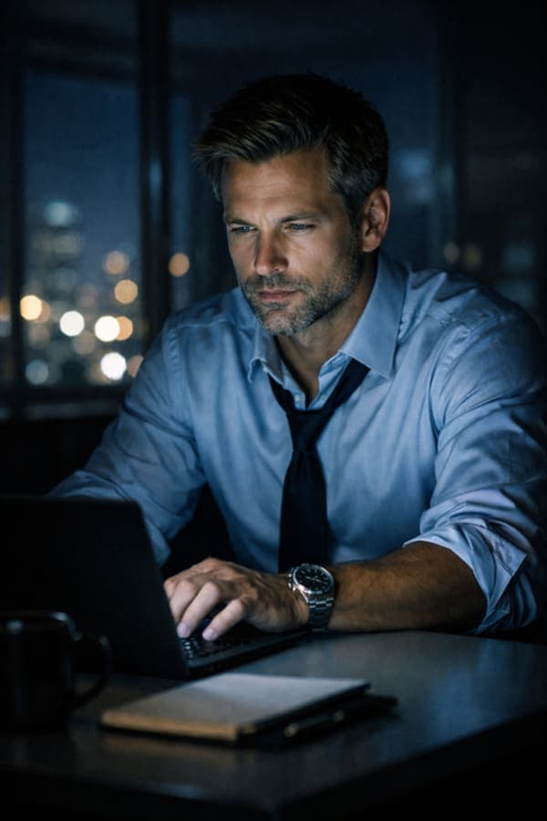 businessman working late night in office with laptop portrait