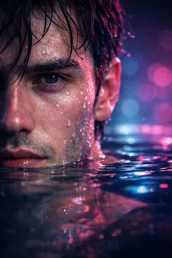close-up portrait of young man half-submerged in neon-lit water with dramatic reflections