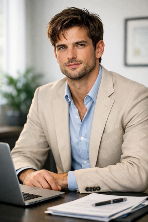 professional businessman sitting at office desk with laptop cinematic corporate portrait