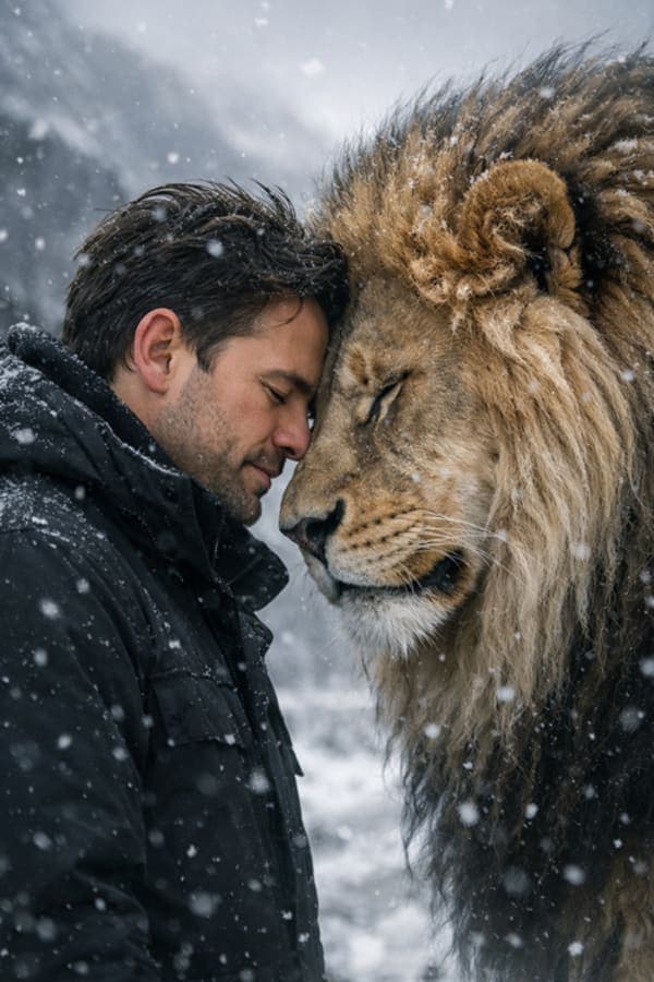 man and lion touching foreheads in snowy cinematic landscape