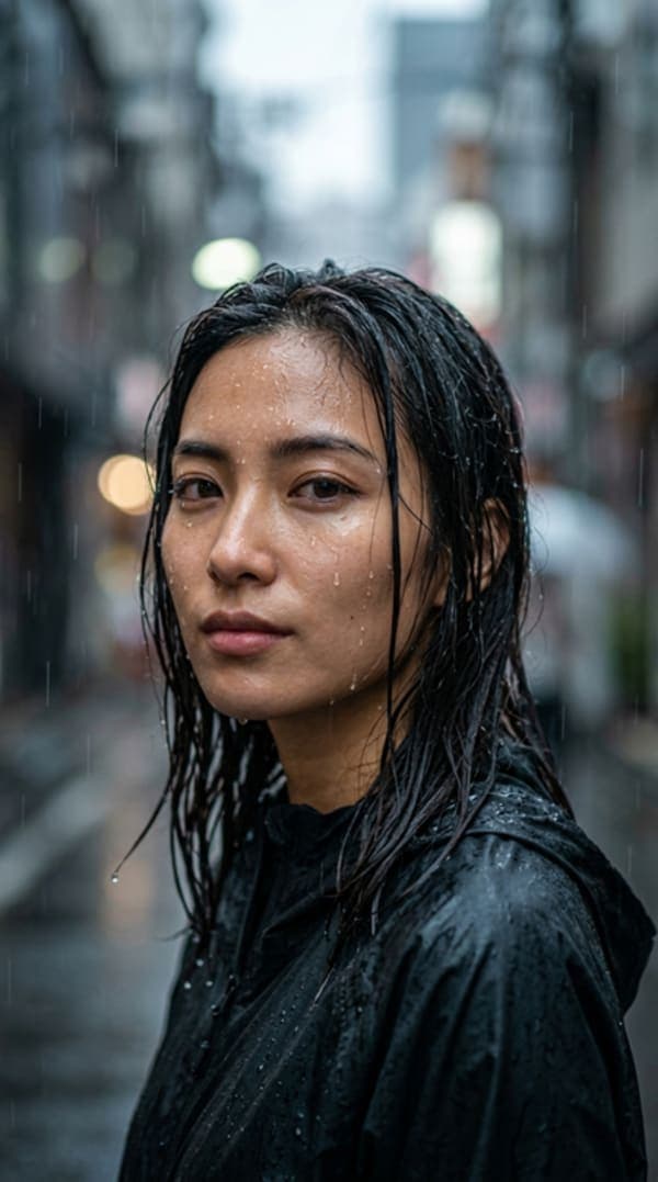 young woman with rain droplets on face looking emotional in soft light