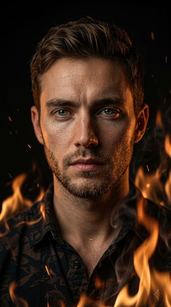 man illuminated by flames in dark environment with intense expression