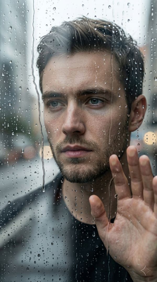 man looking through rainy window with water droplets and reflections