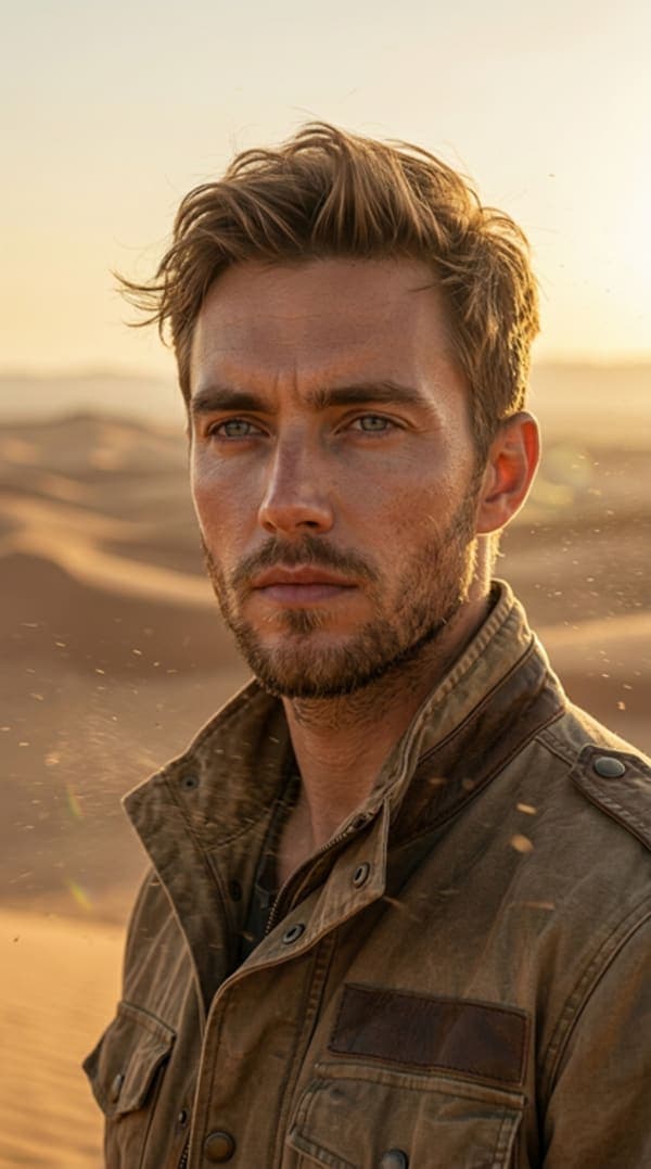 man standing in desert during golden hour with wind blowing sand